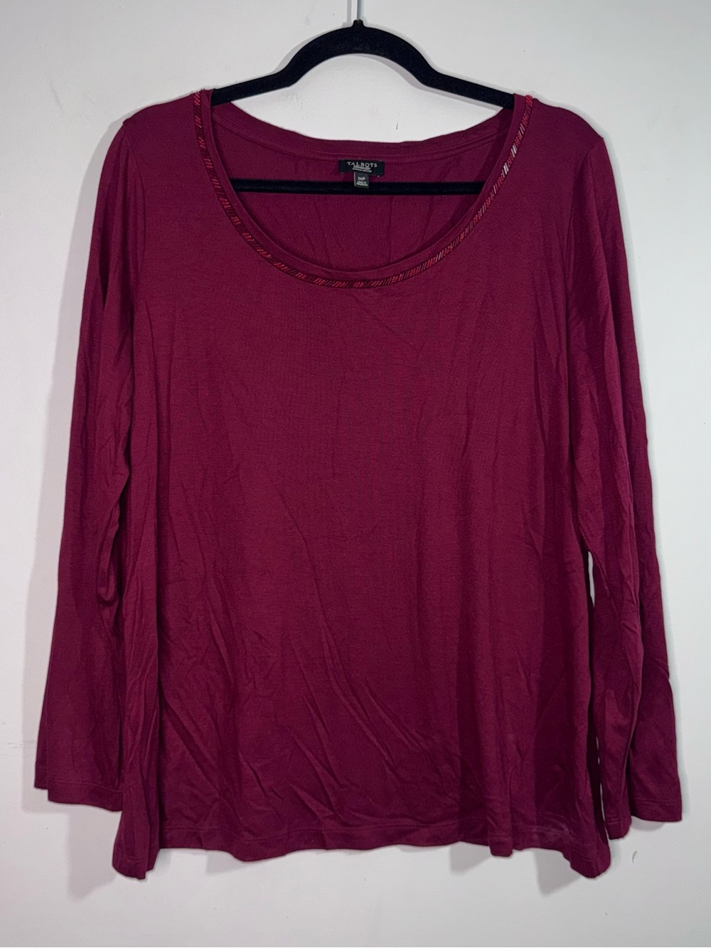 Talbots Woman Petites Beaded Scoop Neck Top Burgundy Long Sleeve 1XP